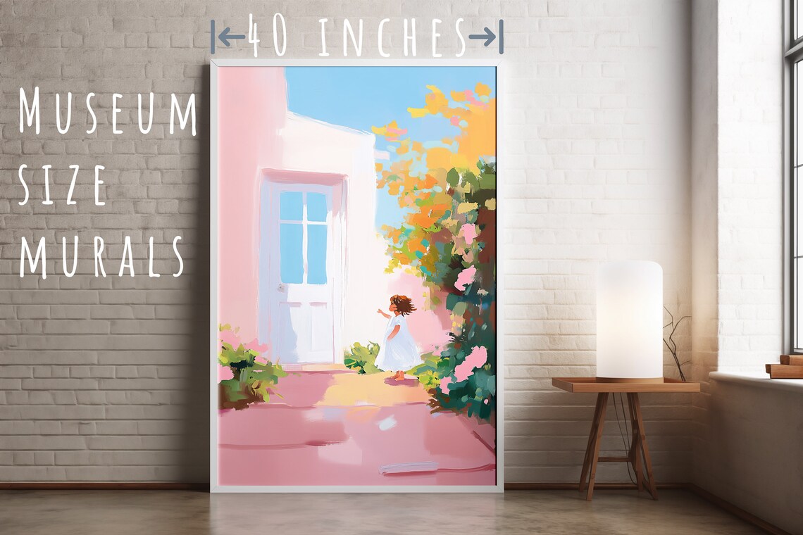 Little Girl At Pink Door Golden Tree Pastel Childhood Art Print - Image 4