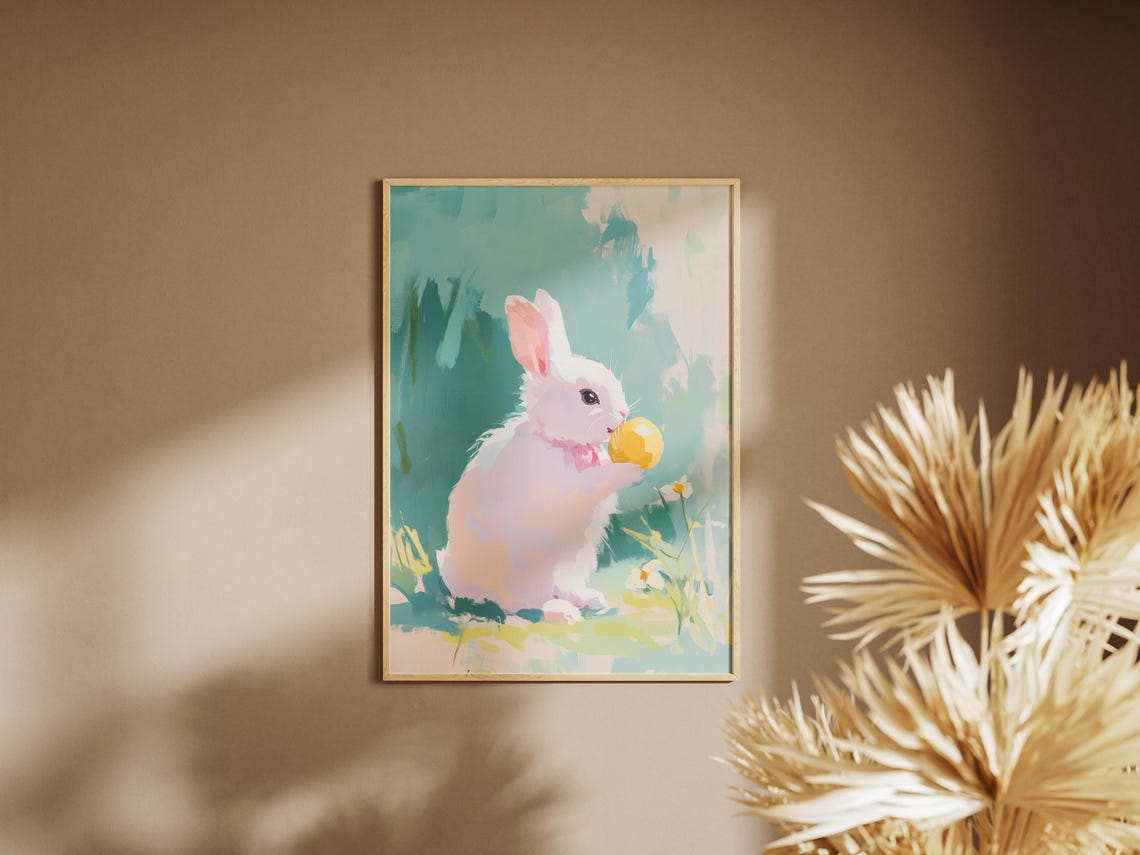 White Bunny Eating Yellow Pitaya Fruit Pastel Rabbit Portrait Poster - Image 2