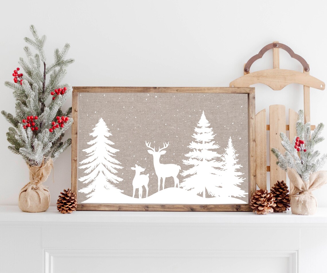 Deer Silhouettes In Snow White On Taupe Winter Woodland Scene Poster - Image 7