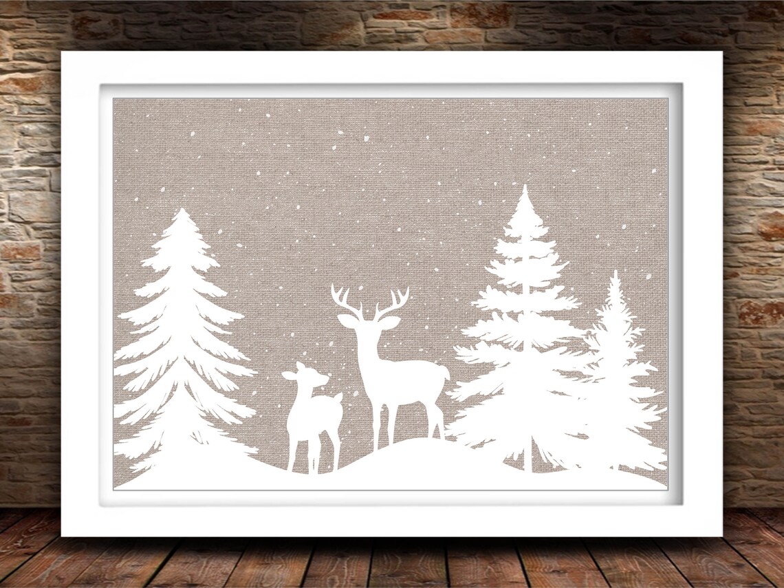 Deer Silhouettes In Snow White On Taupe Winter Woodland Scene Poster - Image 2