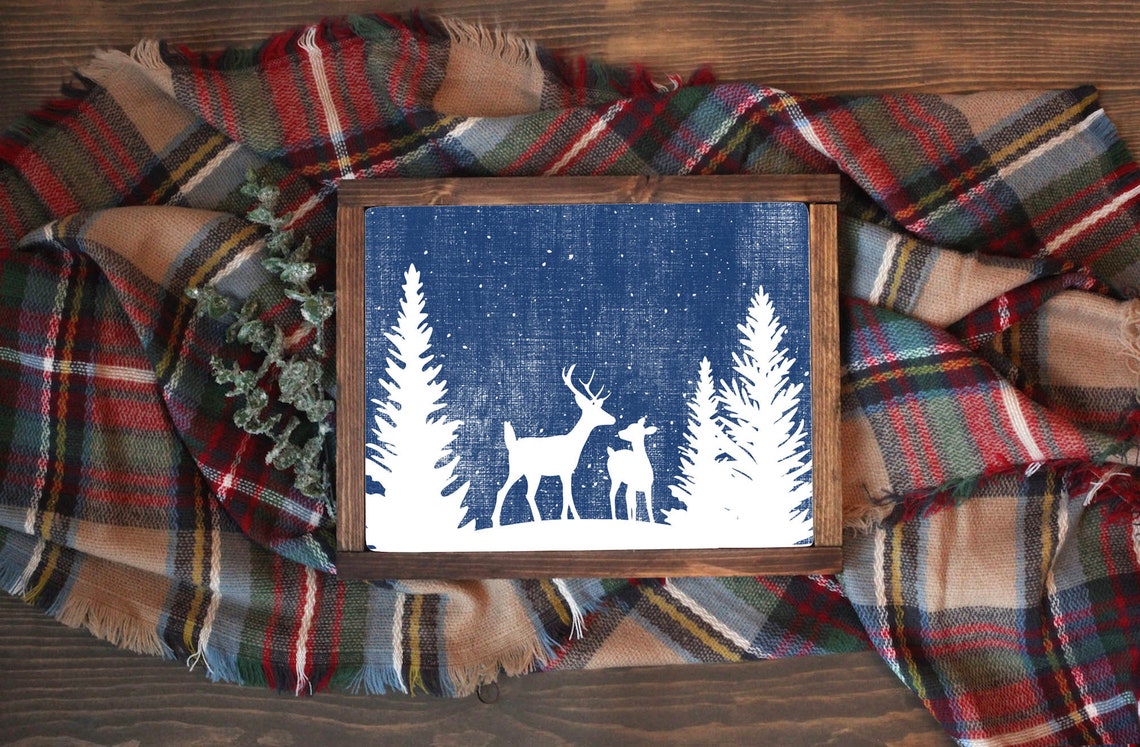 Deer Silhouettes Among Pines White On Navy Winter Snow Scene Poster - Image 6