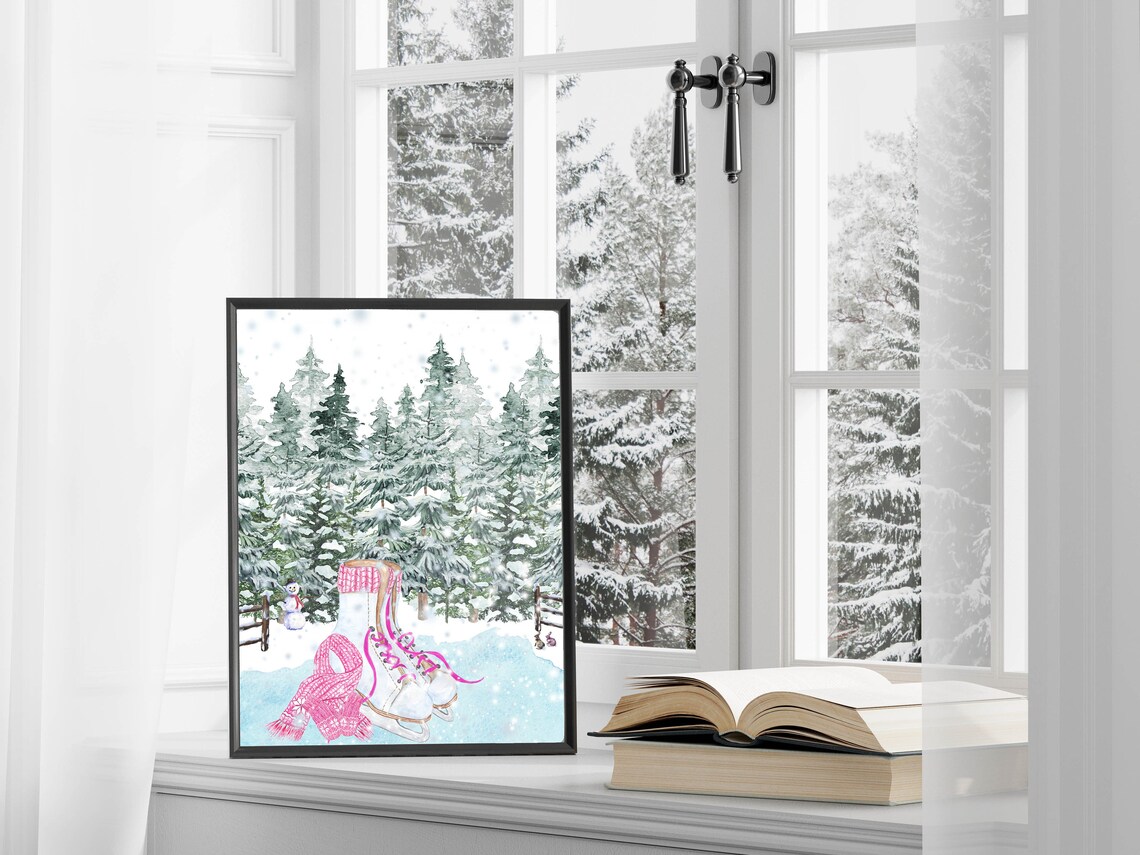 White Ice Skates Pink Scarf Frozen Pond Snowy Pines Winter Watercolor Poster - Image 3
