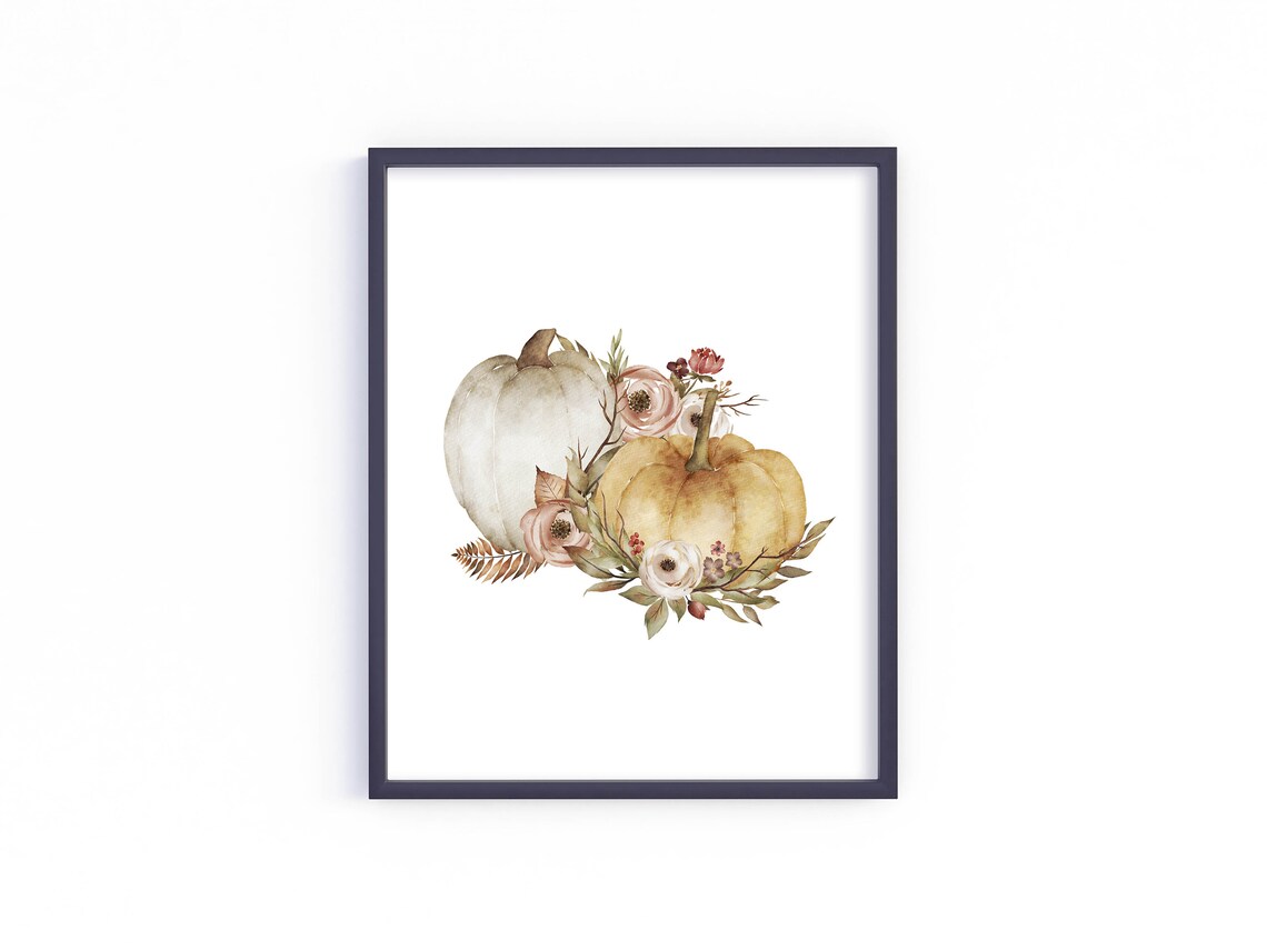 Watercolor Golden Pumpkins and Blush Roses Fall Decor Wall Poster - Image 2
