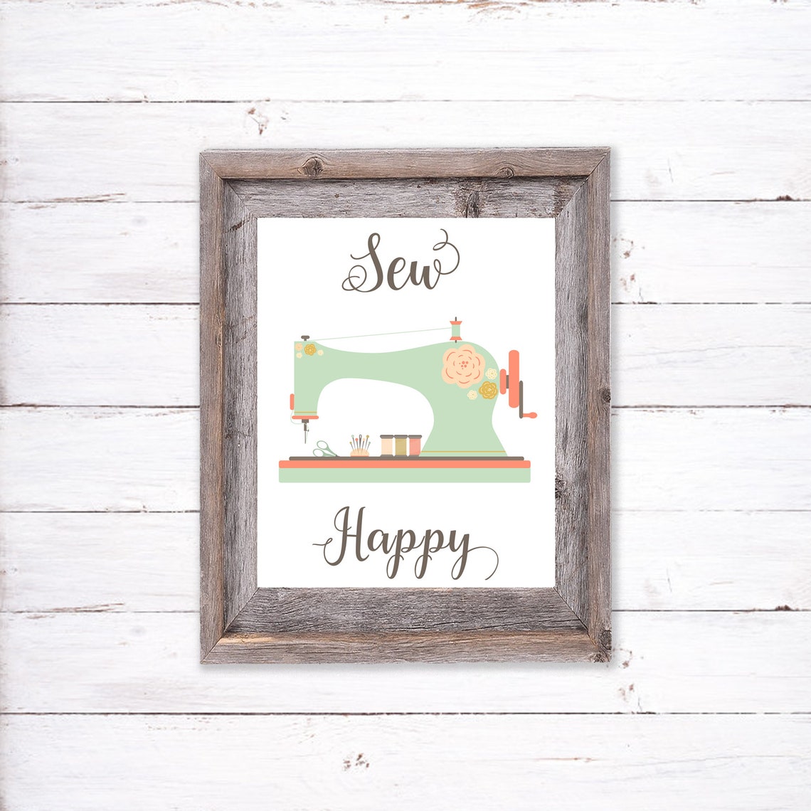Sew Happy Mint Green Floral Sewing Machine Craft Room Poster - Image 3