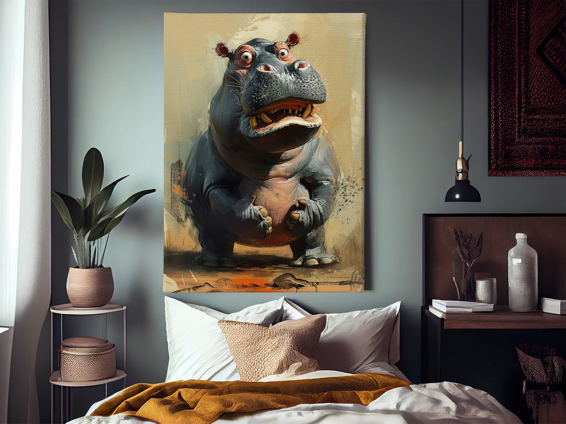 Funny Cartoon Hippo Standing Grinning Playful Wildlife Art Poster - Image 2