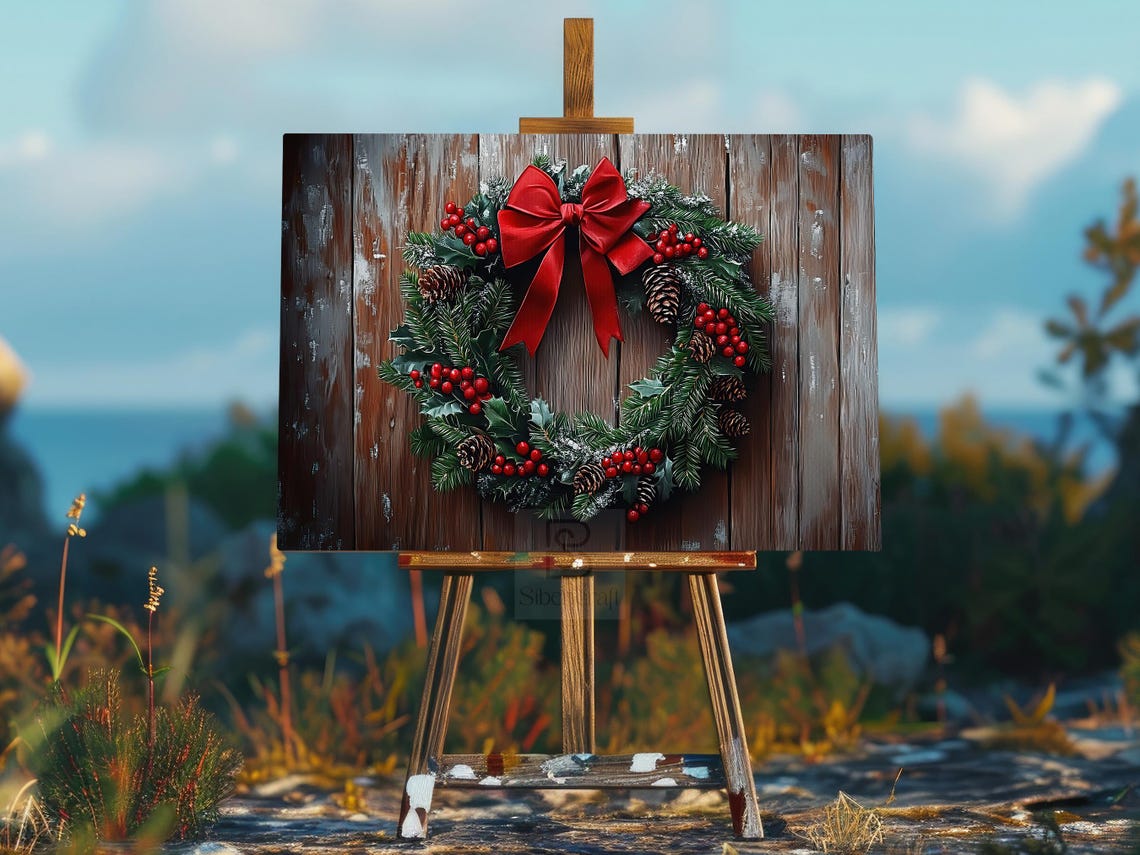 Christmas Wreath With Big Red Bow On Rustic Wooden Door Winter Poster - Image 2
