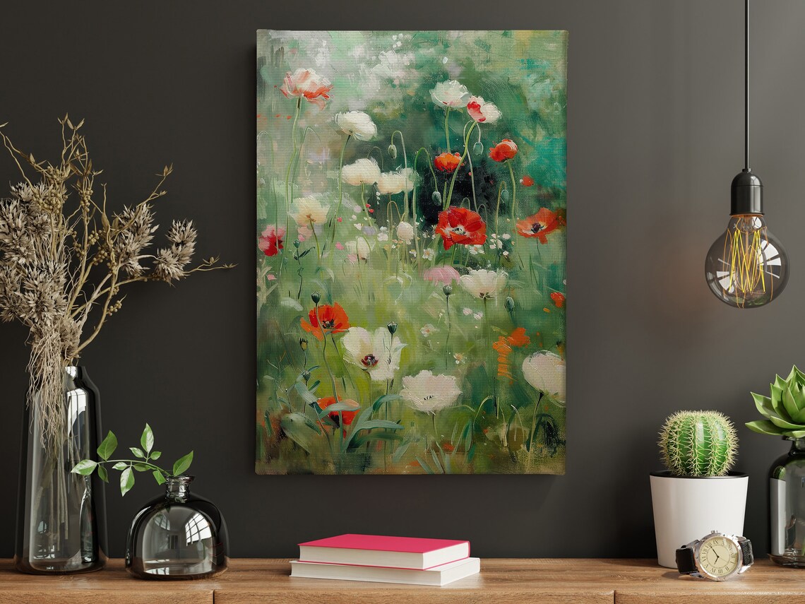Red White Poppy Field Vibrant Oil Painting Floral Garden Poster - Image 4