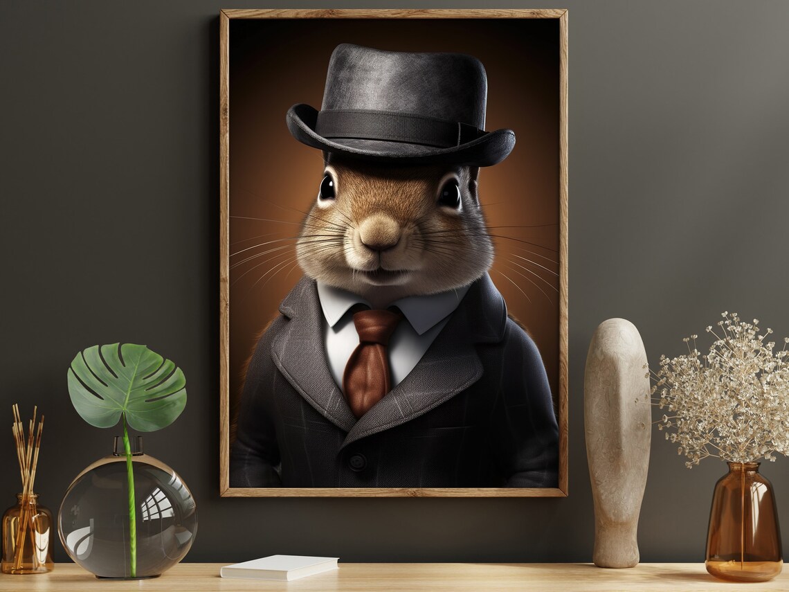 Squirrel In Gray Suit Fedora Gentleman Portrait Funny Animal Wall Poster - Image 5