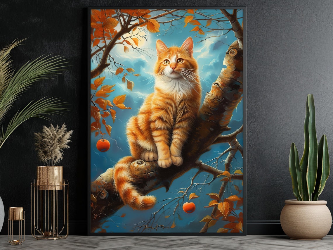 Orange Tabby Cat In Persimmon Tree Branch Autumn Sky Pet Art Poster