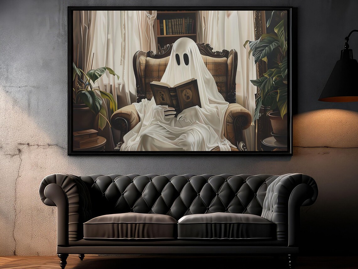 Cozy Vintage Ghost Reading Book in Armchair Library Halloween Art Poster - Image 5