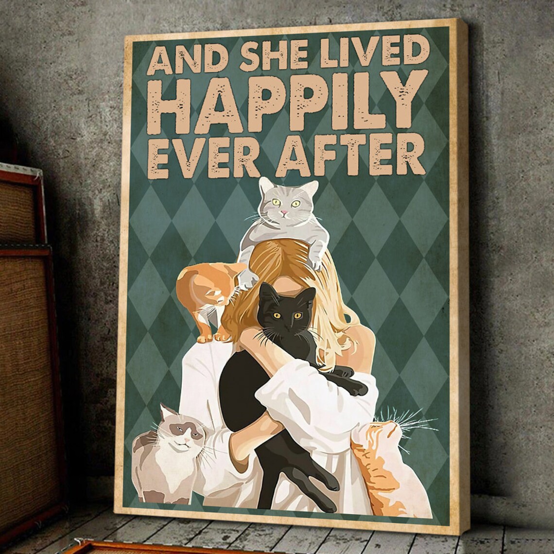 And She Lived Happily Ever After Woman Hugging Cats Retro Cat Lover Print - Image 3