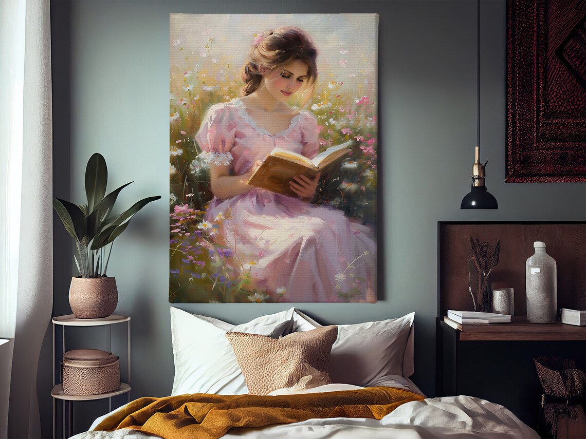 Vintage Girl Reading in Flower Garden, Art Print - Image 2