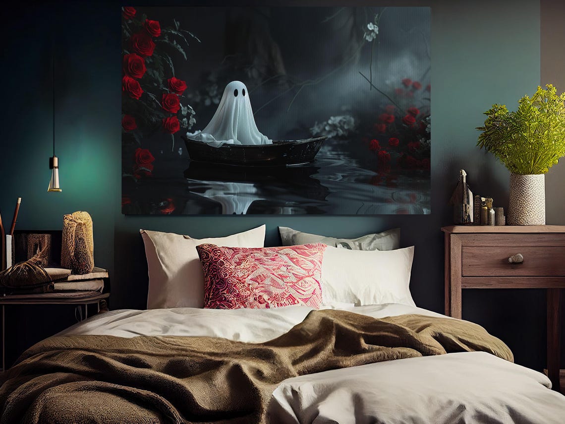 Dark Ghost in Rowboat on Misty Water Surrounded by Red Roses Poster - Image 6