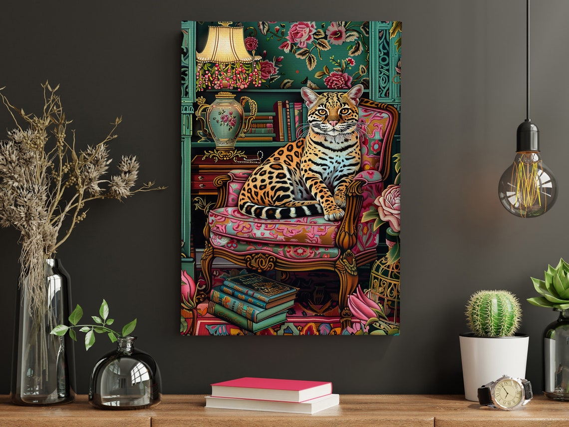 Spotted Wild Cat On Ornate Armchair Maximalist Library Art Print - Image 4
