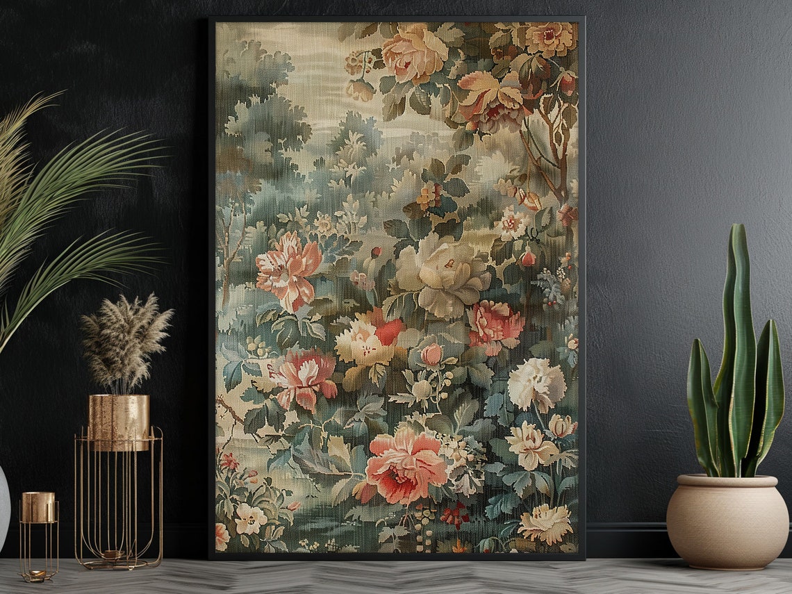 Antique Garden Roses Peonies Vintage Botanical Tapestry Wall Art Print - Image 3