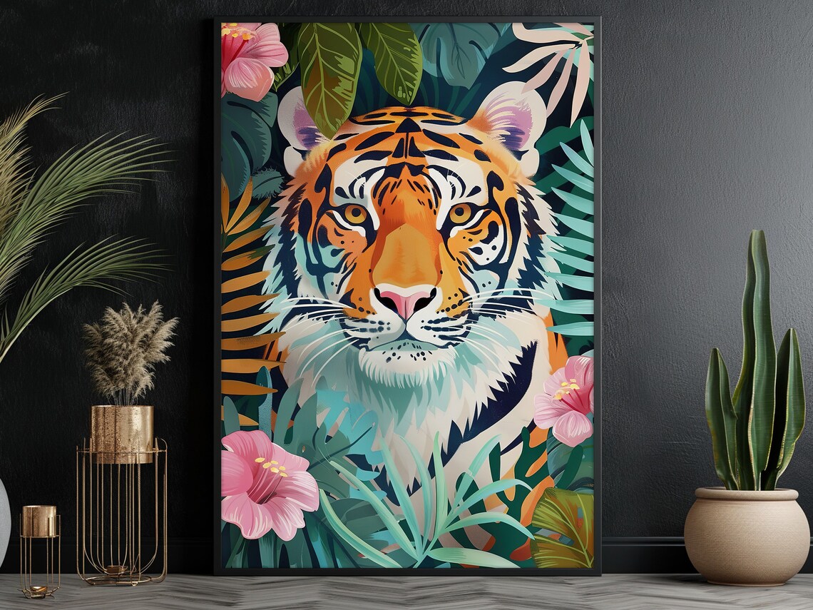 Colorful Tiger In Tropical Jungle Leaves Pink Flowers Matisse Style Poster - Image 3