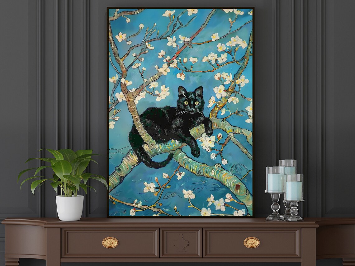 Vintage Black Cat in Flowers Garden Art Print - Image 5