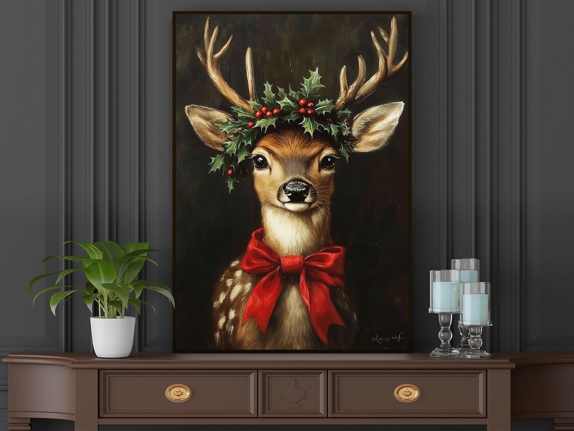 Vintage Christmas Reindeer Painting, Christmas Poster Print - Image 5