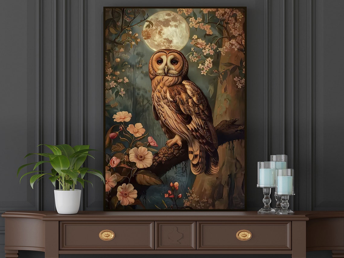 Barn Owl Moonlight Blossom Branch Dreamy Night Forest Art Poster - Image 4
