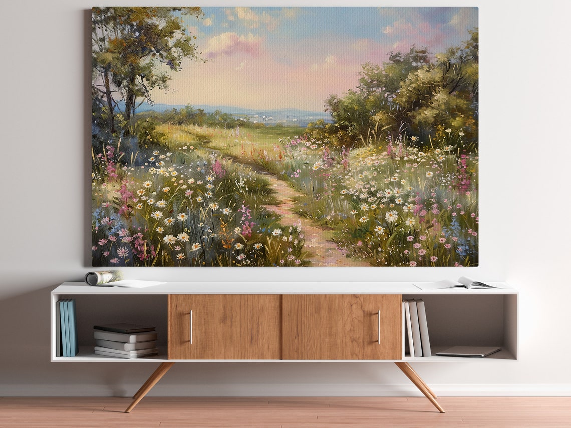 Wildflower Meadow Path At Sunset Daisies Countryside Landscape Poster - Image 2