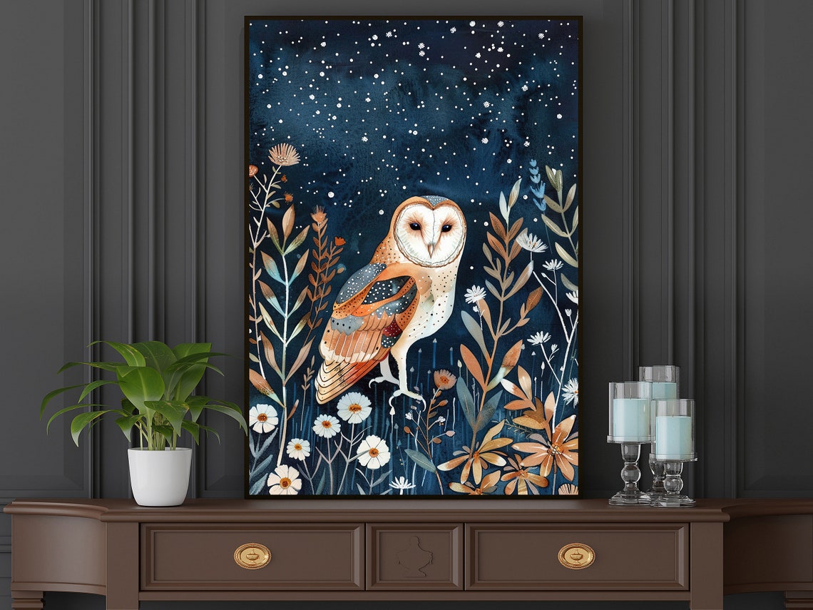 Barn Owl Starry Night Wildflower Meadow Celestial Art Poster - Image 5