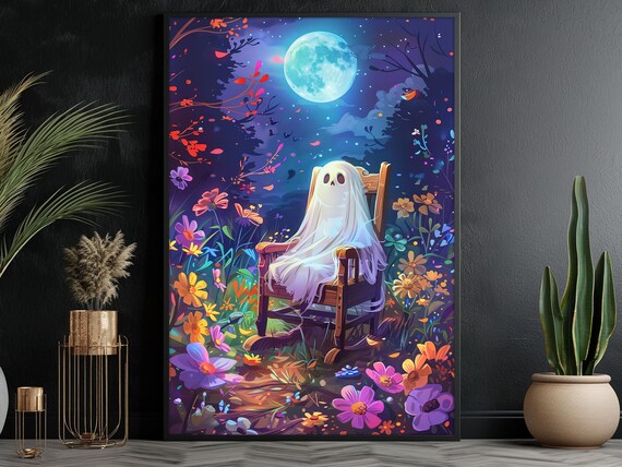Dreamy Ghost in Rocking Chair Under Full Moon in Flower Field Poster