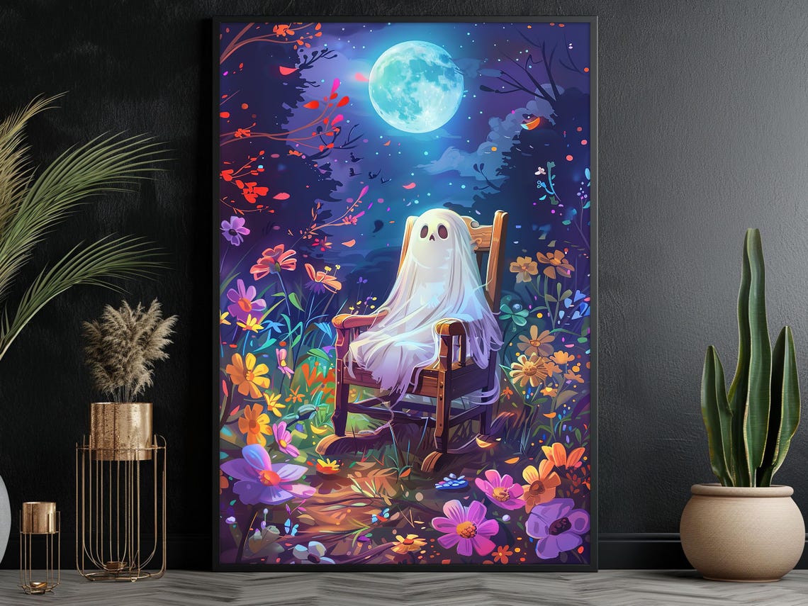 Dreamy Ghost in Rocking Chair Under Full Moon in Flower Field Poster