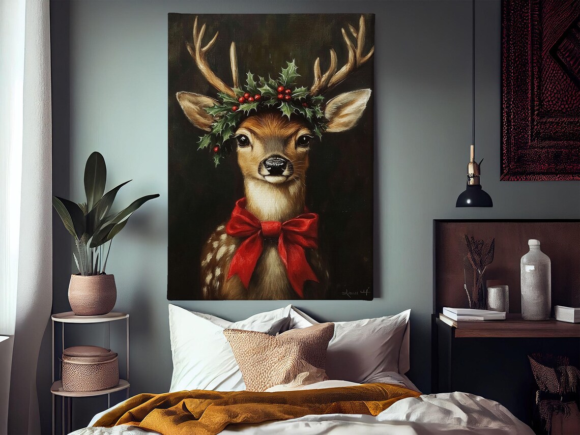 Vintage Christmas Reindeer Painting, Christmas Poster Print - Image 3