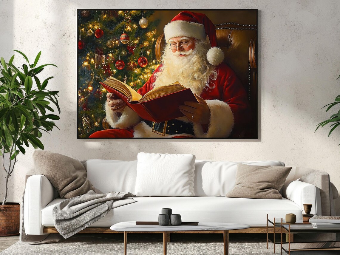 Santa Claus Reading Big Red Book Leather Chair Christmas Tree Cozy Art Poster - Image 3