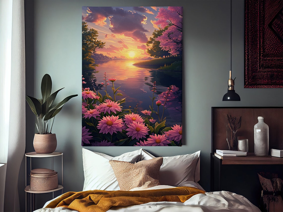 Pink Daisies At Sunset Lake Purple Sky Serene Landscape Wall Poster - Image 4