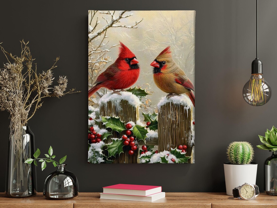 Male Female Cardinals On Snowy Fence With Holly And Red Berries Poster - Image 4