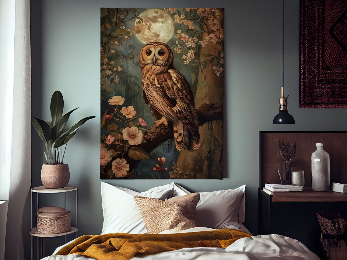 Barn Owl Moonlight Blossom Branch Dreamy Night Forest Art Poster - Image 2