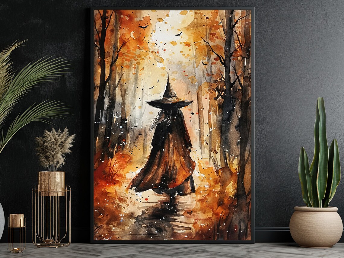 Witch Autumn Forest Watercolor Walking Woods Fall Leaves Halloween Art Poster - Image 3