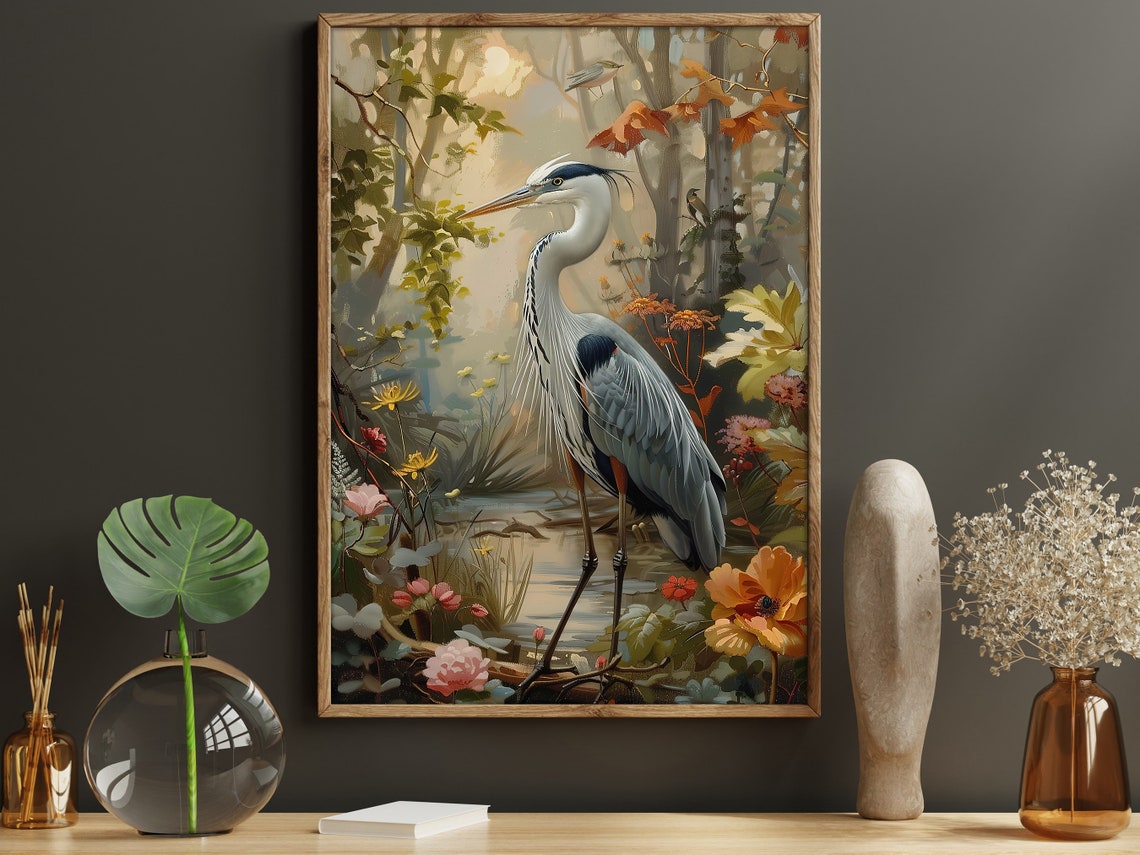 Grey Heron Standing By Forest Stream Autumn Blooms Wildlife Poster