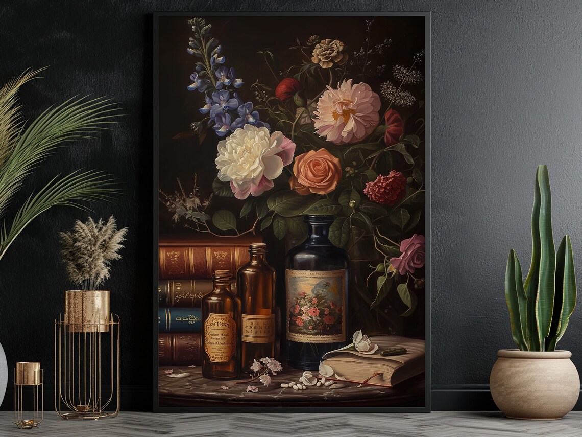 Dark Surreal Magic Book and Flowers, Dark Academia Art Print - Image 5