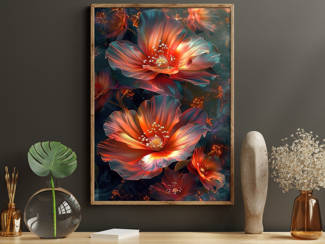 Glowing Red Orange Translucent Flowers On Dark Background Art Poster - Image 3