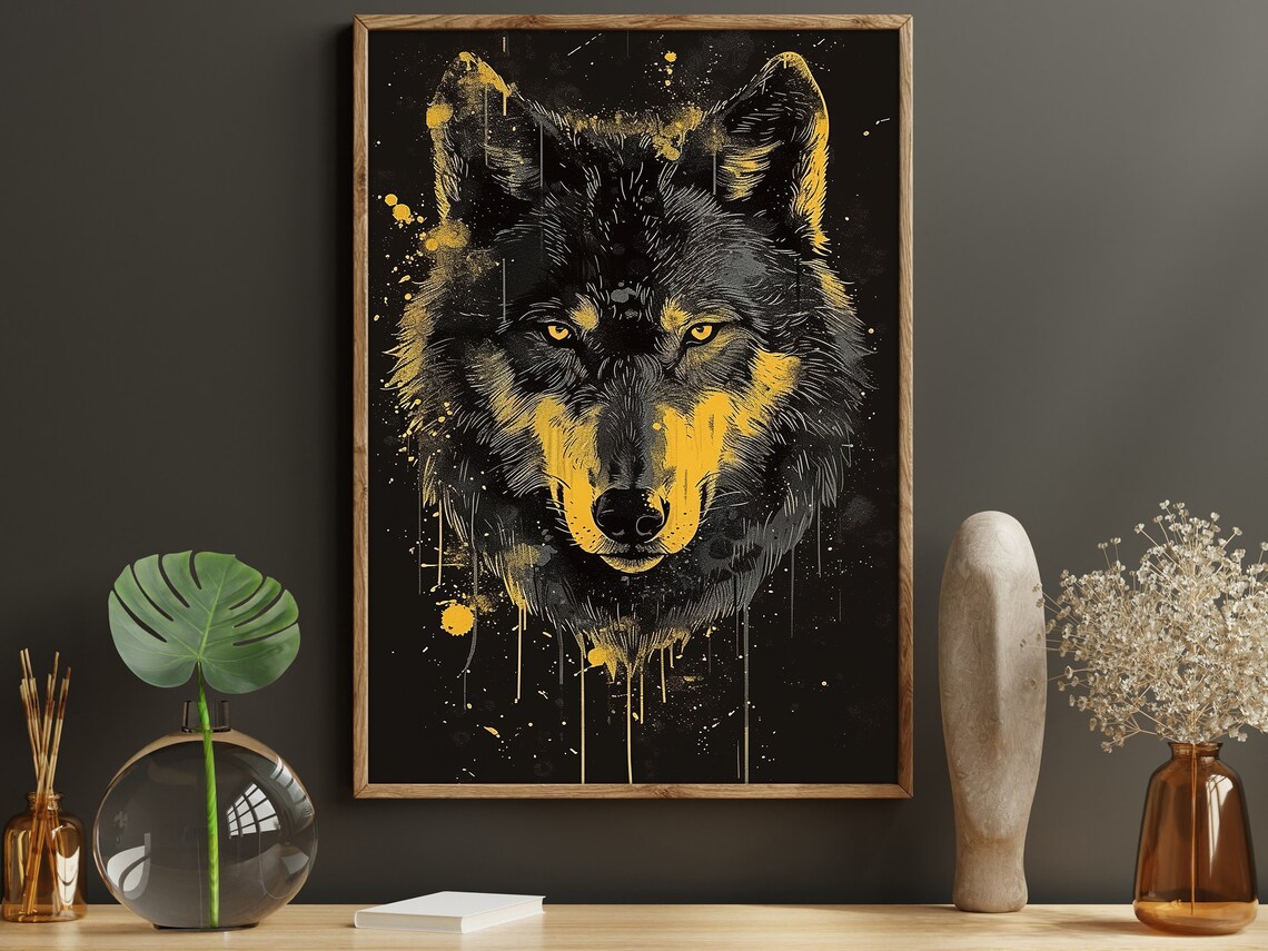 Black Wolf Head With Gold Paint Splatter On Black Modern Wildlife Poster - Image 4