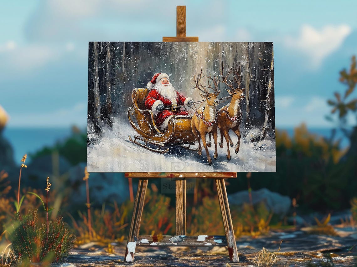 Vintage Santas Sleigh Painting Warm Santa Season Cottage Santa Claus Poster Print Christmas Wall Art Cozy Christmas Decor - Image 2