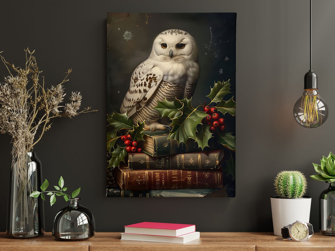 Cottage Owl And Books Painting Vintage Owl Print Owl Print Animal Poster Print Wild Animal Wall Art - Image 3