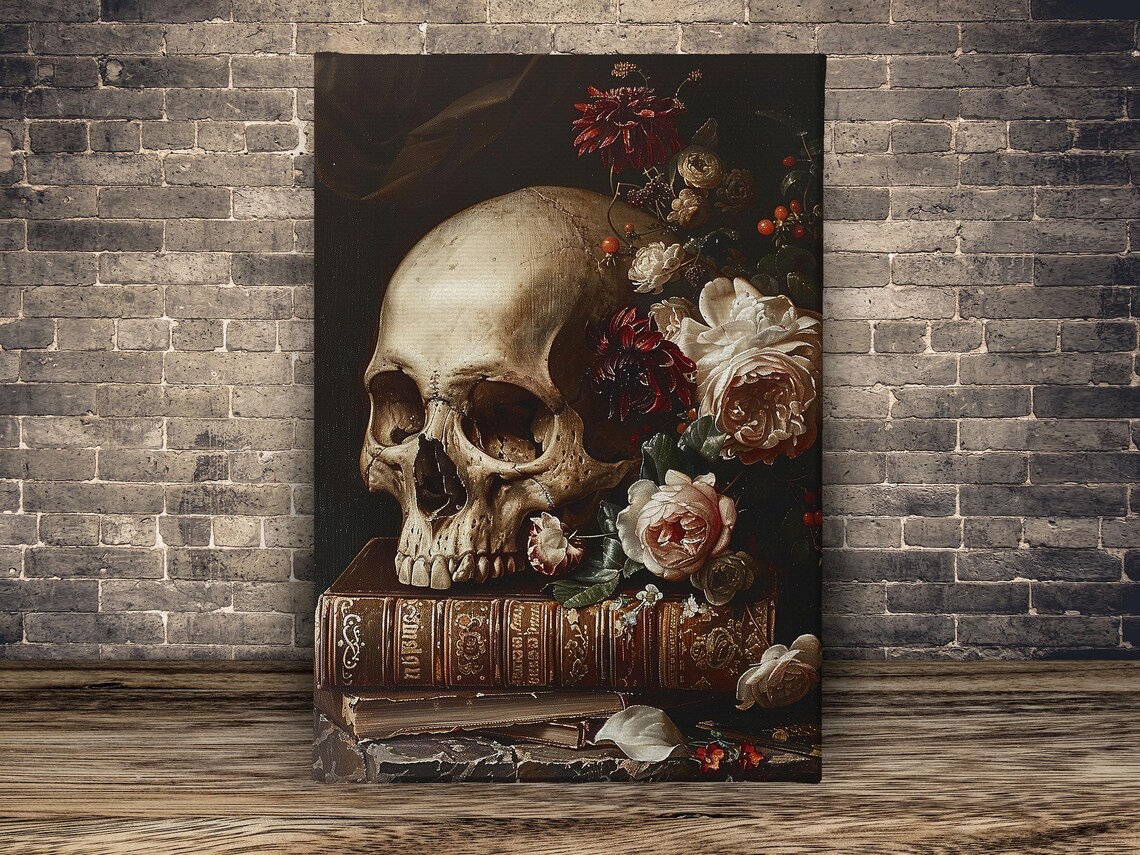 Vintage Skull Still Life with Roses on Antique Books Memento Mori Poster - Image 2