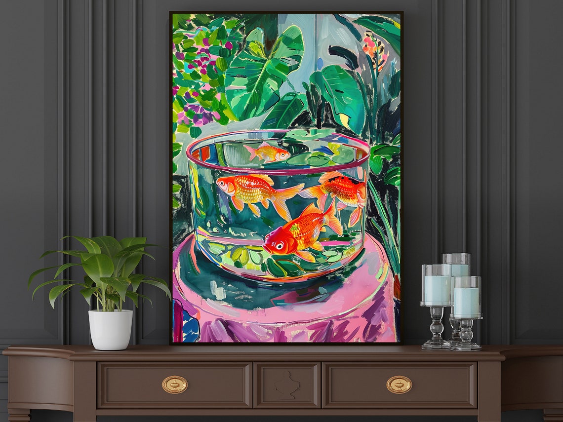 Goldfish In Glass Tank Colorful Tropical Leaves Still Life Art Poster - Image 4