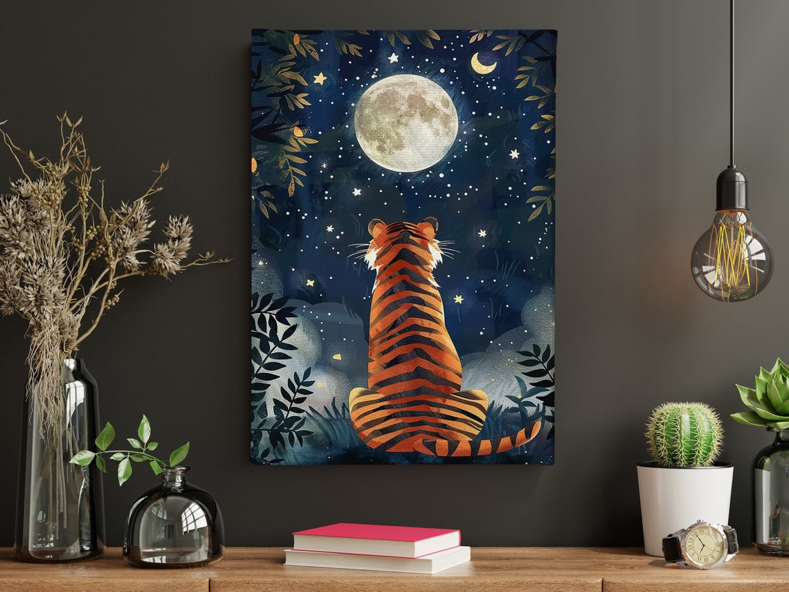 Tiger Gazing At Full Moon Starry Night Jungle Wall Art Poster - Image 5