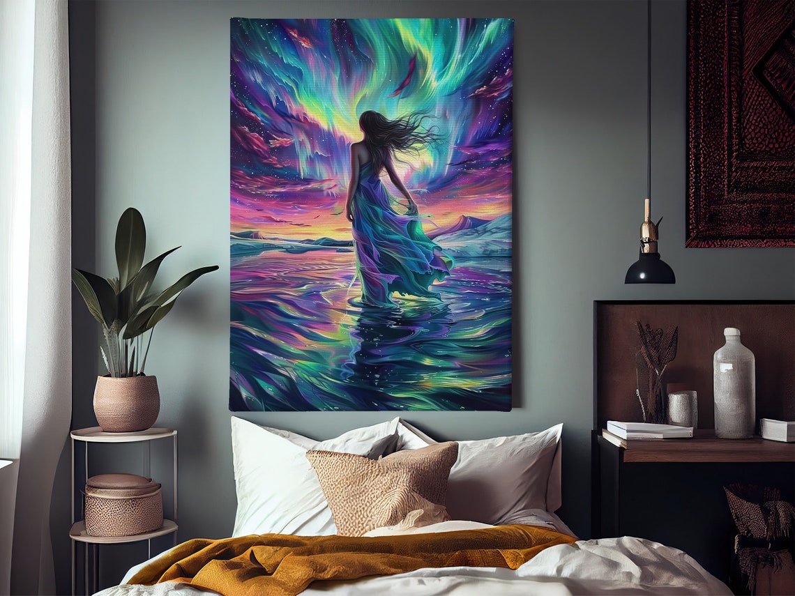 Beautiful Woman In Northern Light Oil Painting Aurora Woman Print Peaceful Woman Print Aurora Poster Print - Image 2