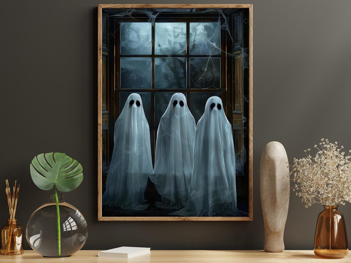 Three Ghosts by Moonlit Window with Spiderwebs Haunted Night Art Poster - Image 5