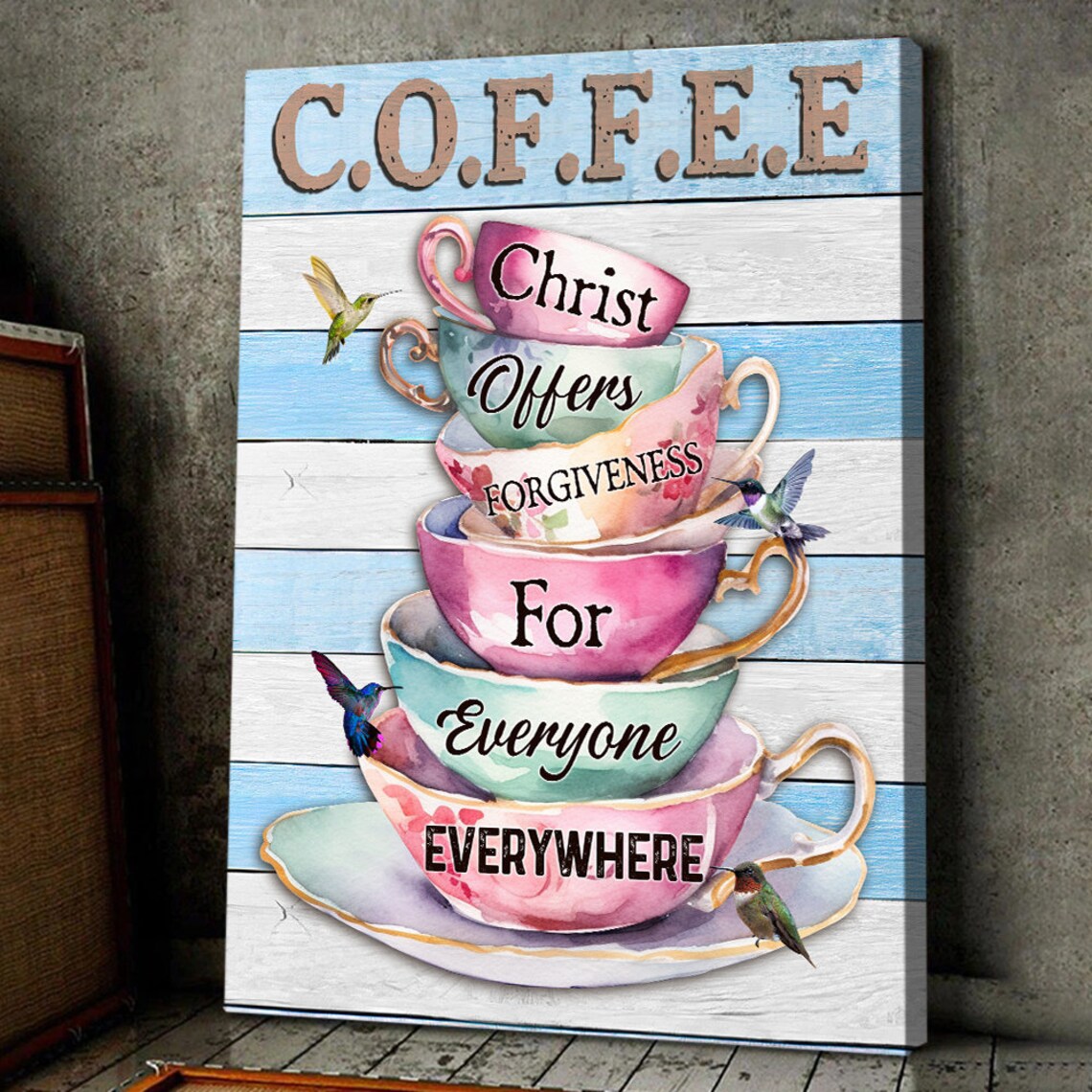 Coffee Christ Offers Forgiveness For Everyone Cup Stack Kitchen Faith Poster - Image 3