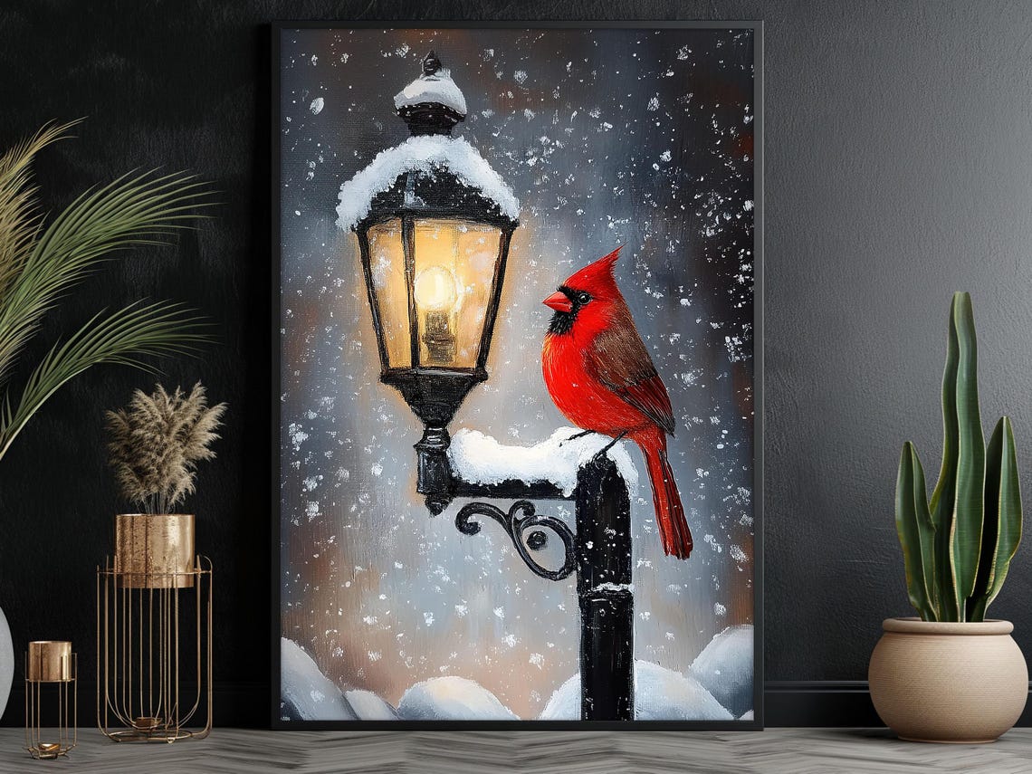 Red Cardinal Perched On Snowy Vintage Lamppost In Falling Snow Poster