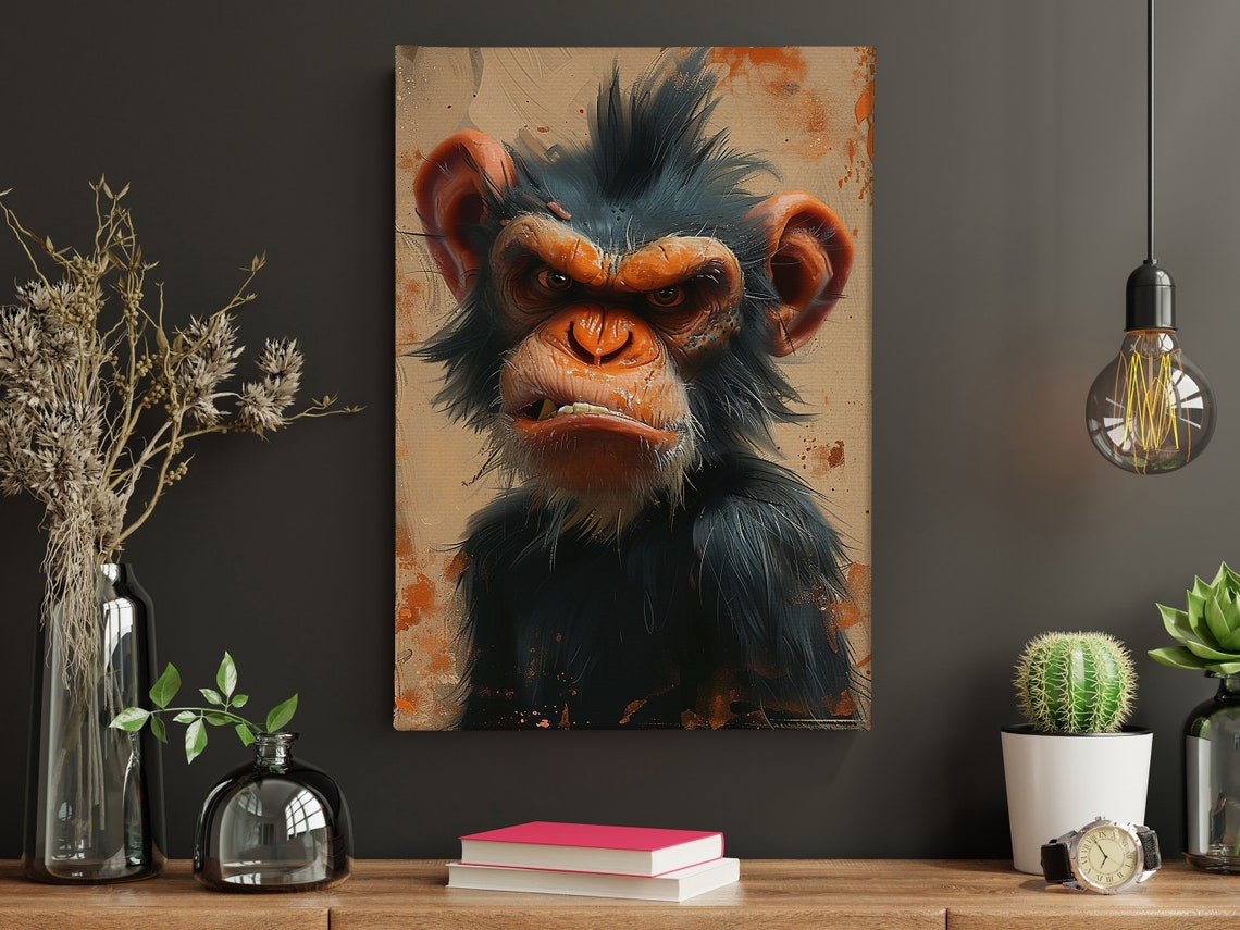 Grumpy Chimpanzee Bold Brush Portrait Funny Animal Wall Art Poster - Image 4