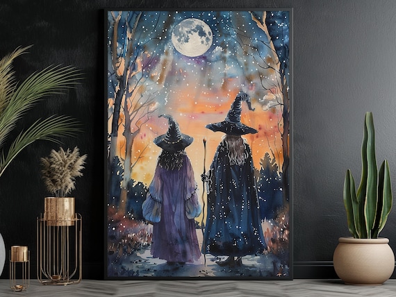Mother And Child Witches Under Moonlight Watercolor Halloween Poster