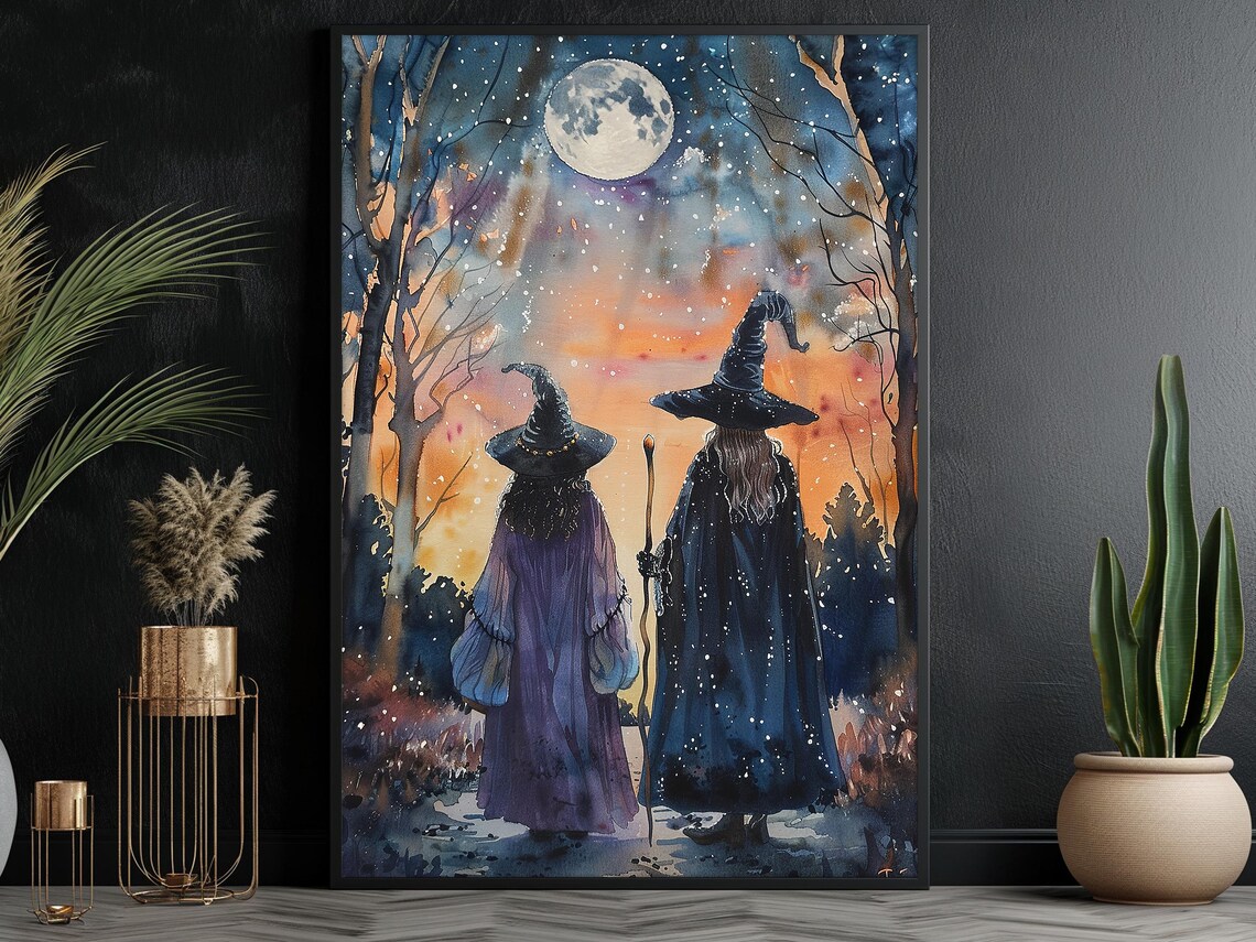 Mother And Child Witches Under Moonlight Watercolor Halloween Poster
