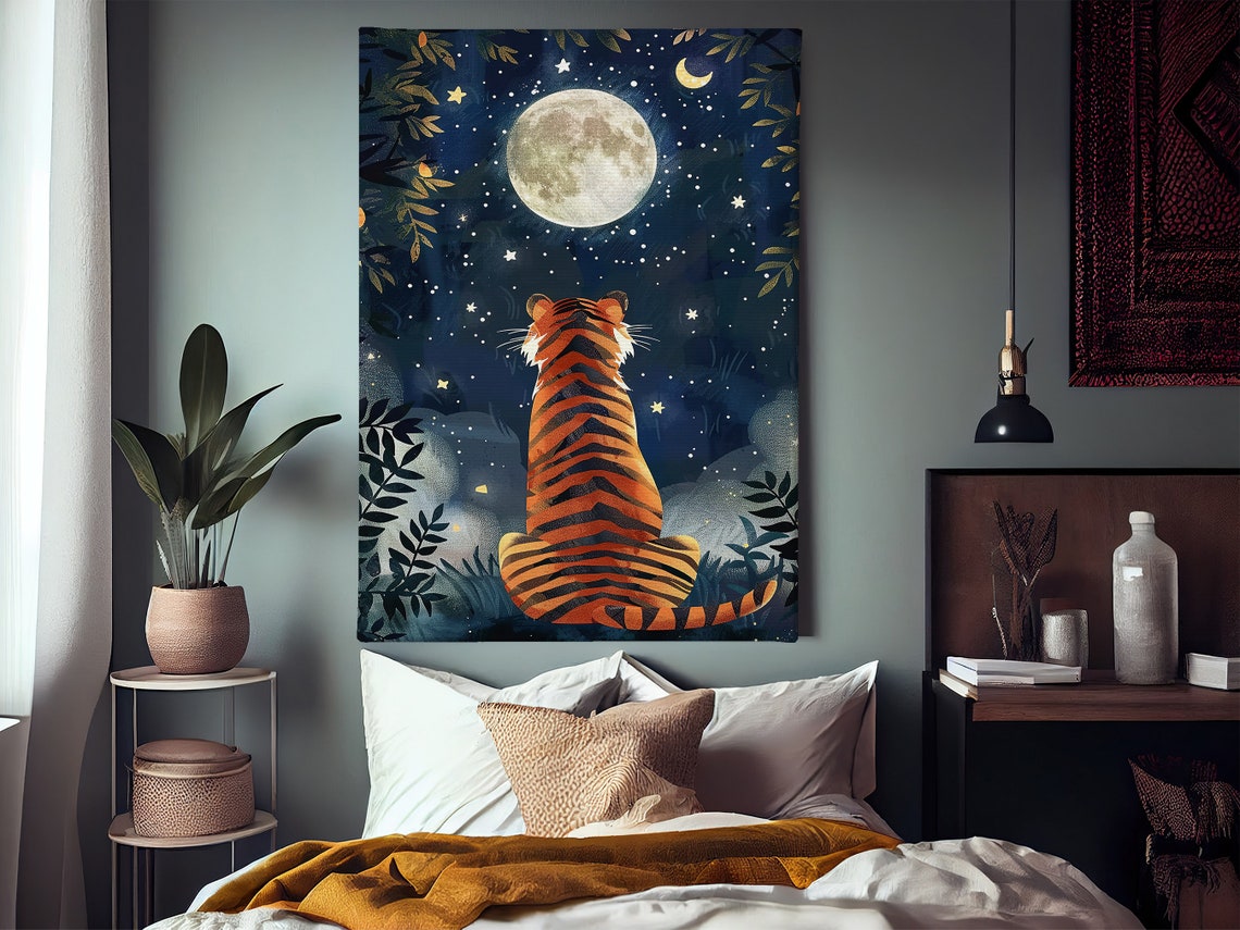 Tiger Gazing At Full Moon Starry Night Jungle Wall Art Poster - Image 4